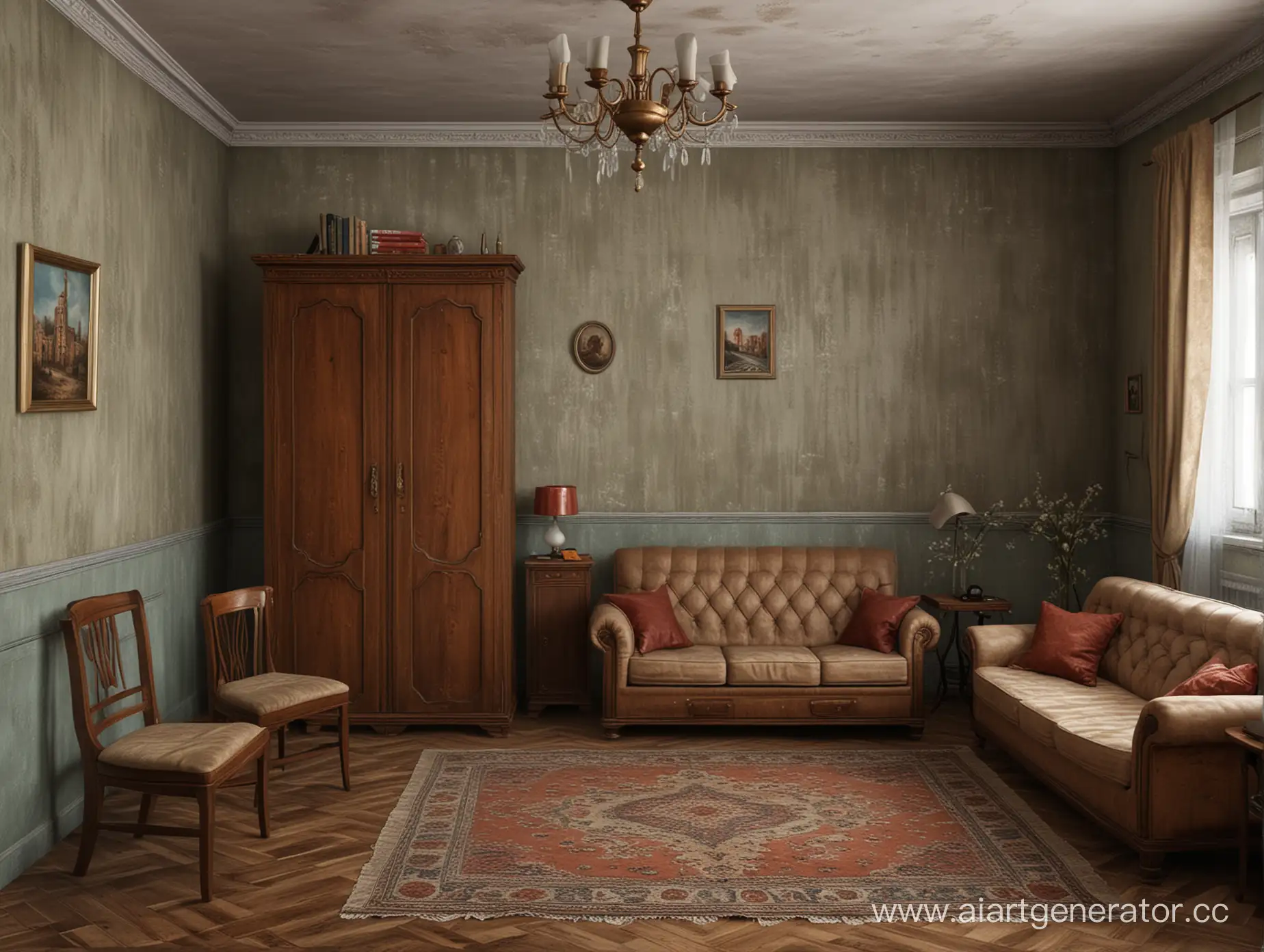 Vintage-USSR-Apartment-Interior-with-Old-Sofa-and-Wardrobe