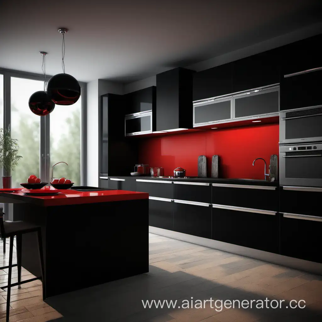 Современная кухня, реализм, красно черного  цвета, высокое качество, разрешение 1720х1080