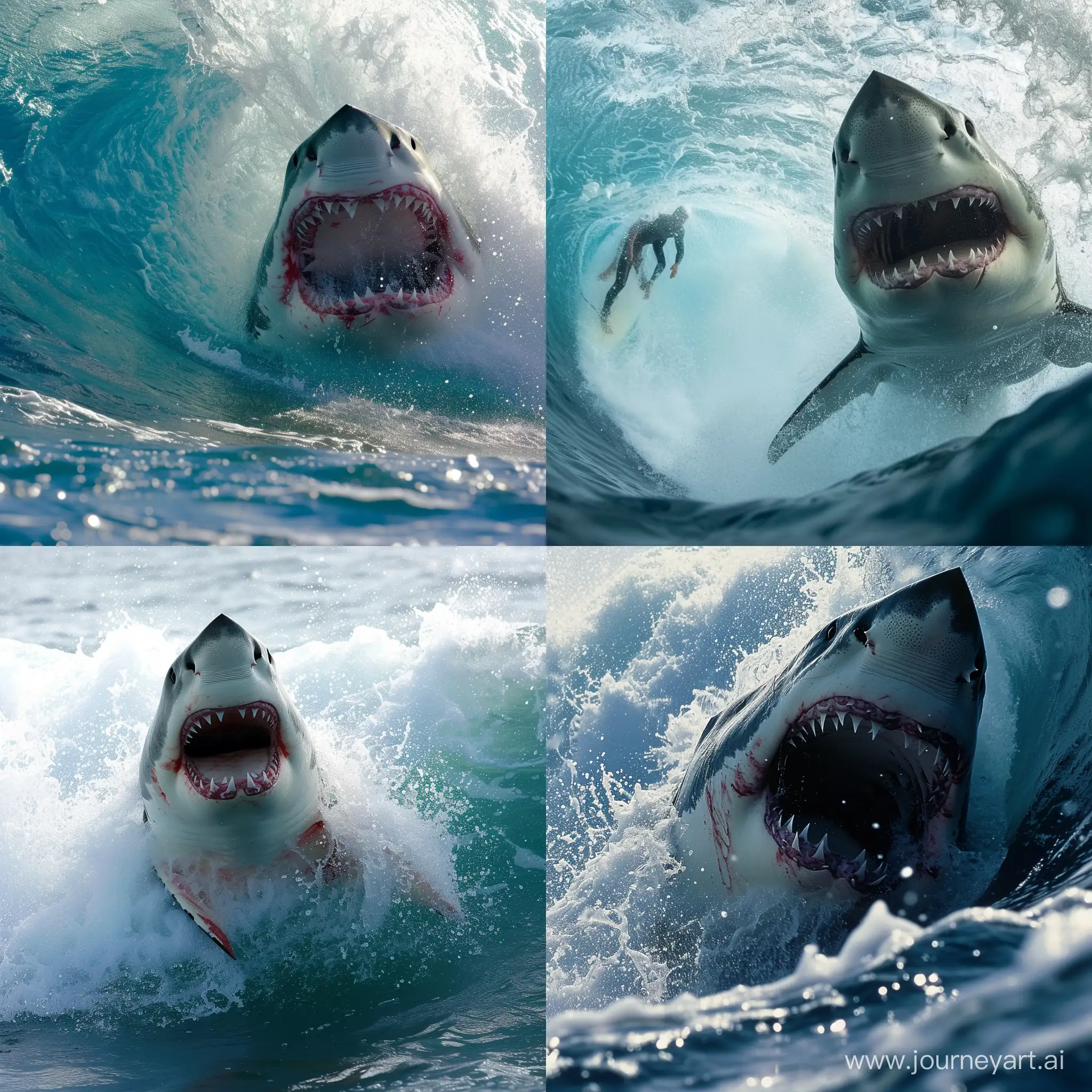 Un gran tiburón blanco le arranca en un ataque la pierna a un hombre que hace surf en una gran ola