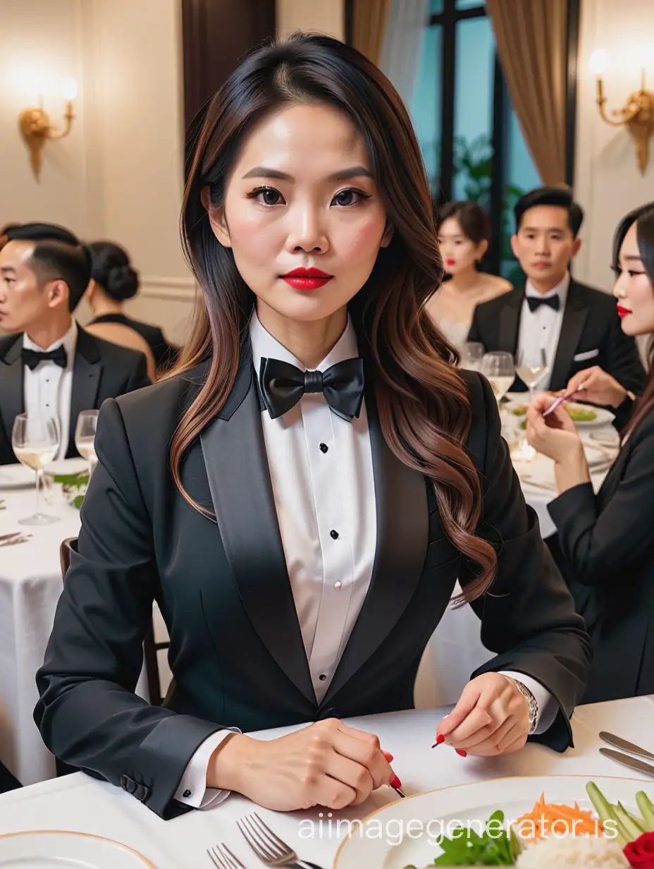 40 year old stern vietnamese woman with long hair and lipstick wearing a tuxedo with a black bow tie.  She is at a dinner table.
