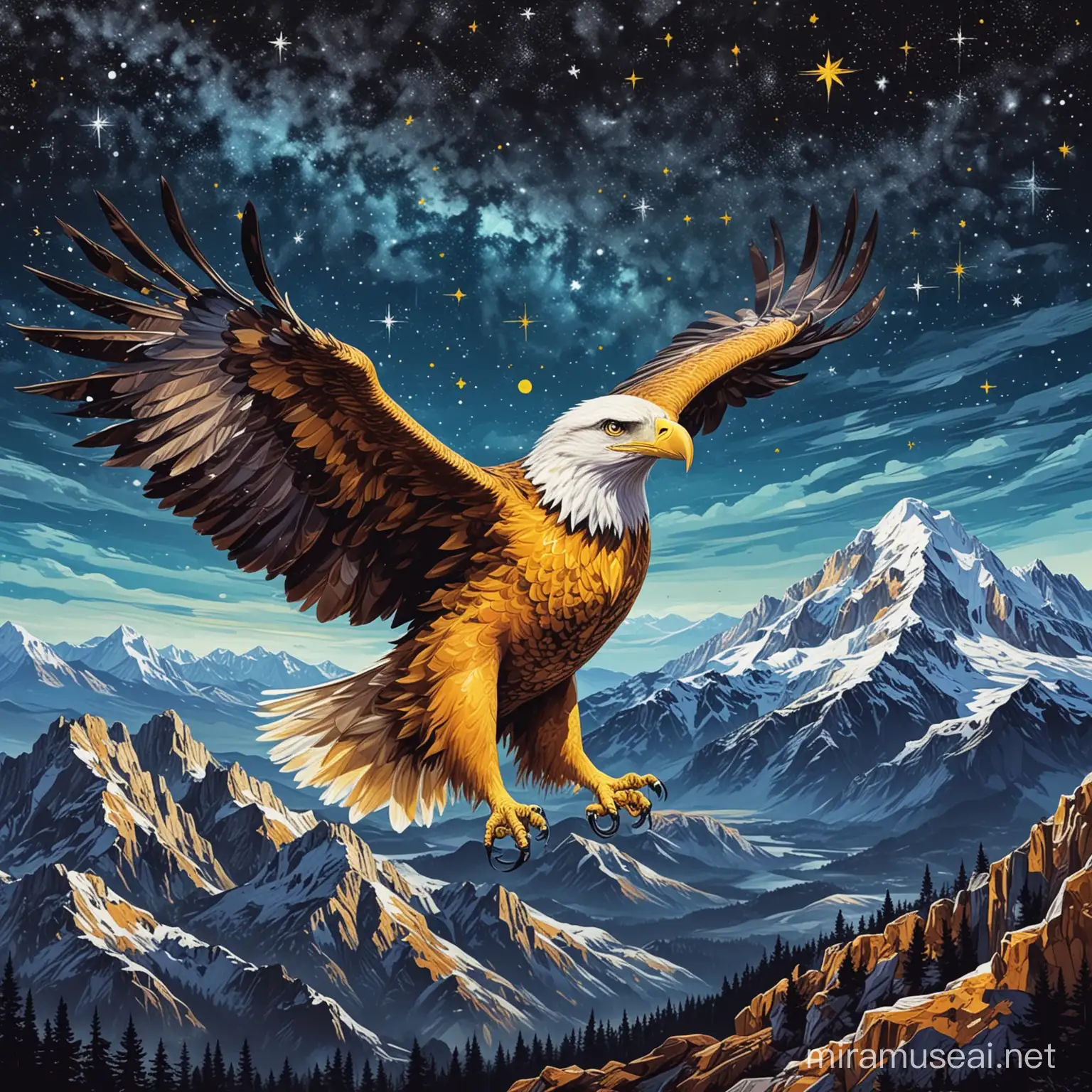 Yellow Eagle Soaring Over Mountainous Terrain in Vibrant Pop Art Style
