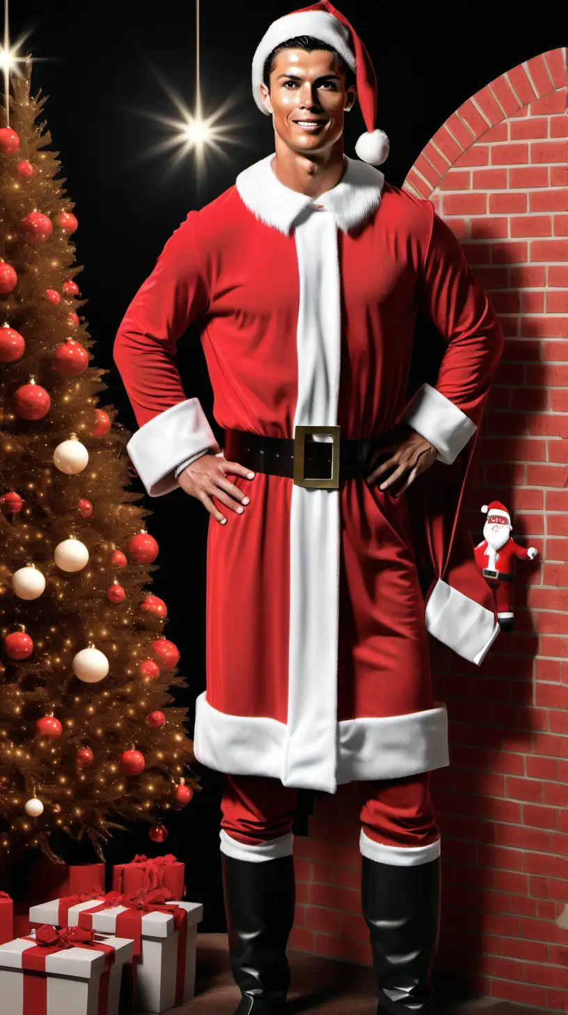 Realistic Full Body Cristiano Ronaldo as Santa Claus in Santa Claus Grotto