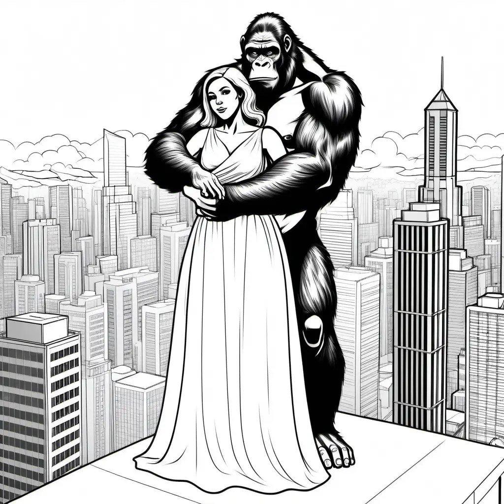 a simple black and white coloring book outline of a giant ape holding a beautiful woman in gown held in his arms on skyscraper