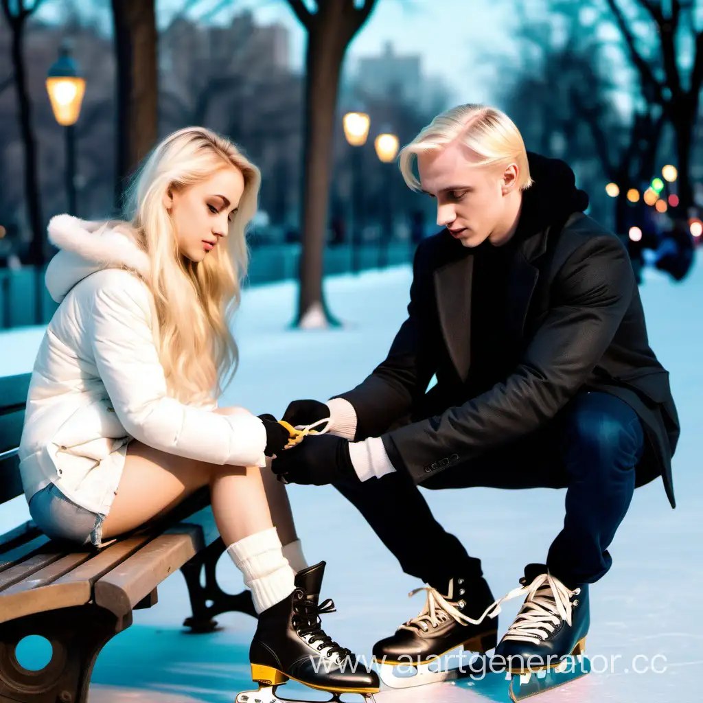 Handsome young attractive Draco Malfoy on a bench tying a girl's shoelaces on skates with a beautiful young hot, attractive girl with blonde hair and blue eyes, in the city park, lights in full growth, winter