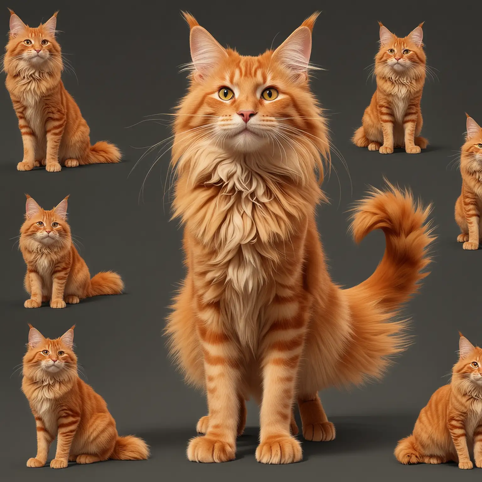 /imagine prompt: Character design different poses, pixar Cartoon, orange mainecoon cat, orange mainecoon cat --ar 16:9 --r 2