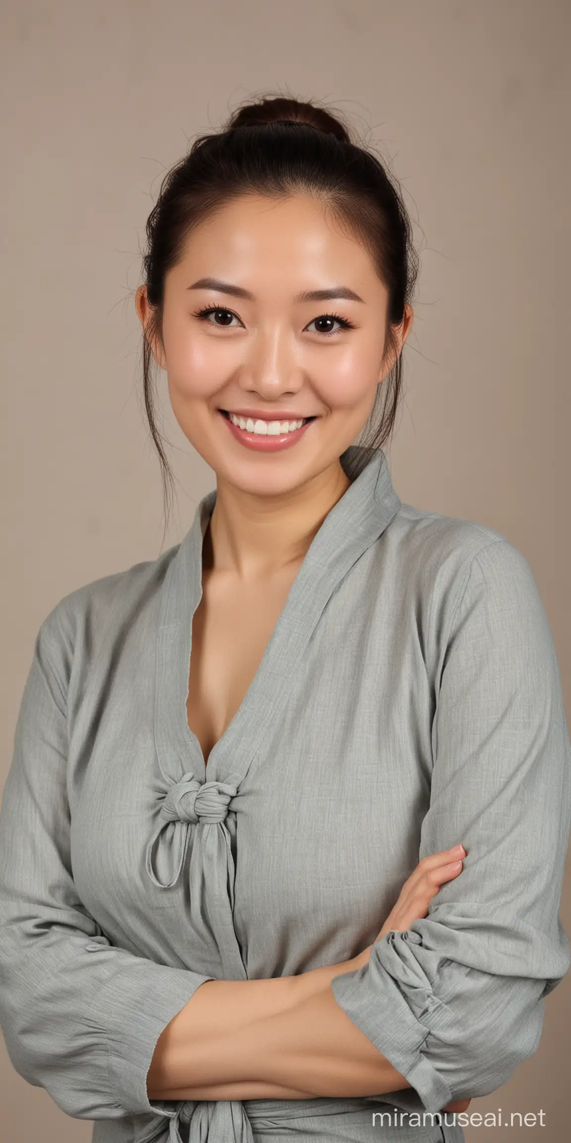 Smiling Chinese Housewife in Fashionable Attire with Ponytail