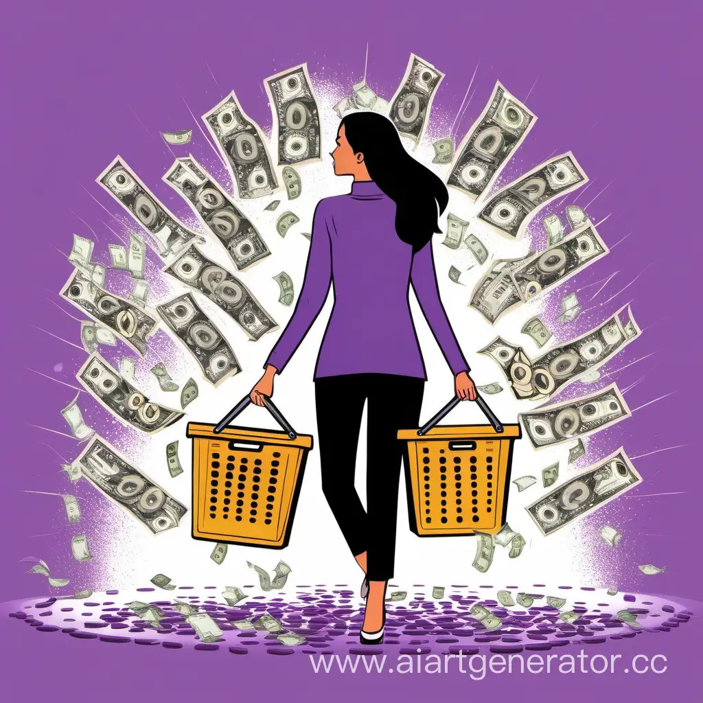 Женщина с корзиной из магазина на фоне идет дождь из денег фиолетово - белый фон 