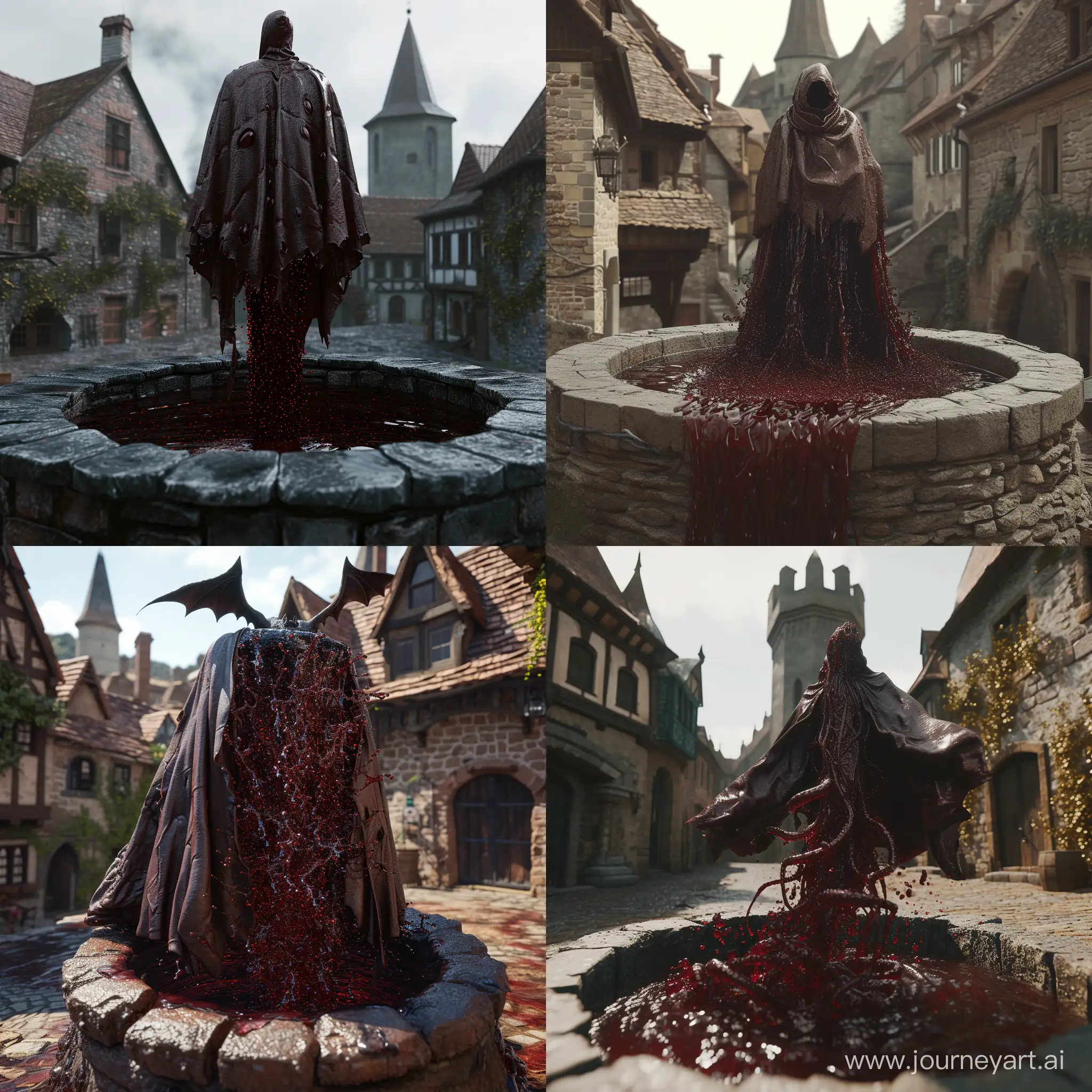 transylvanian vampire character made of subsurface scattering dark red liquid with a leather organic cape, appearing out of a liquid magic well in a medieval town, unreal engine, realistic style, 8k