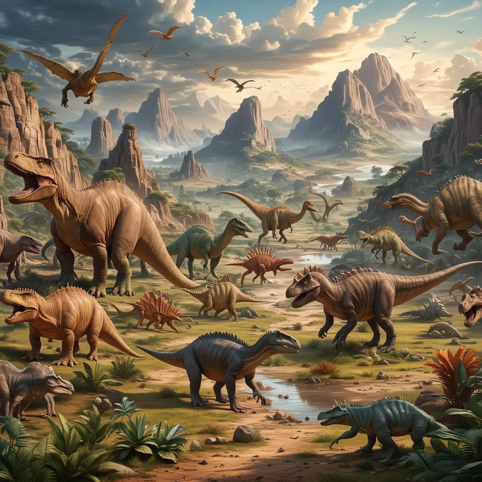 Diverse Dinosaurs Roaming the Prehistoric Wilderness