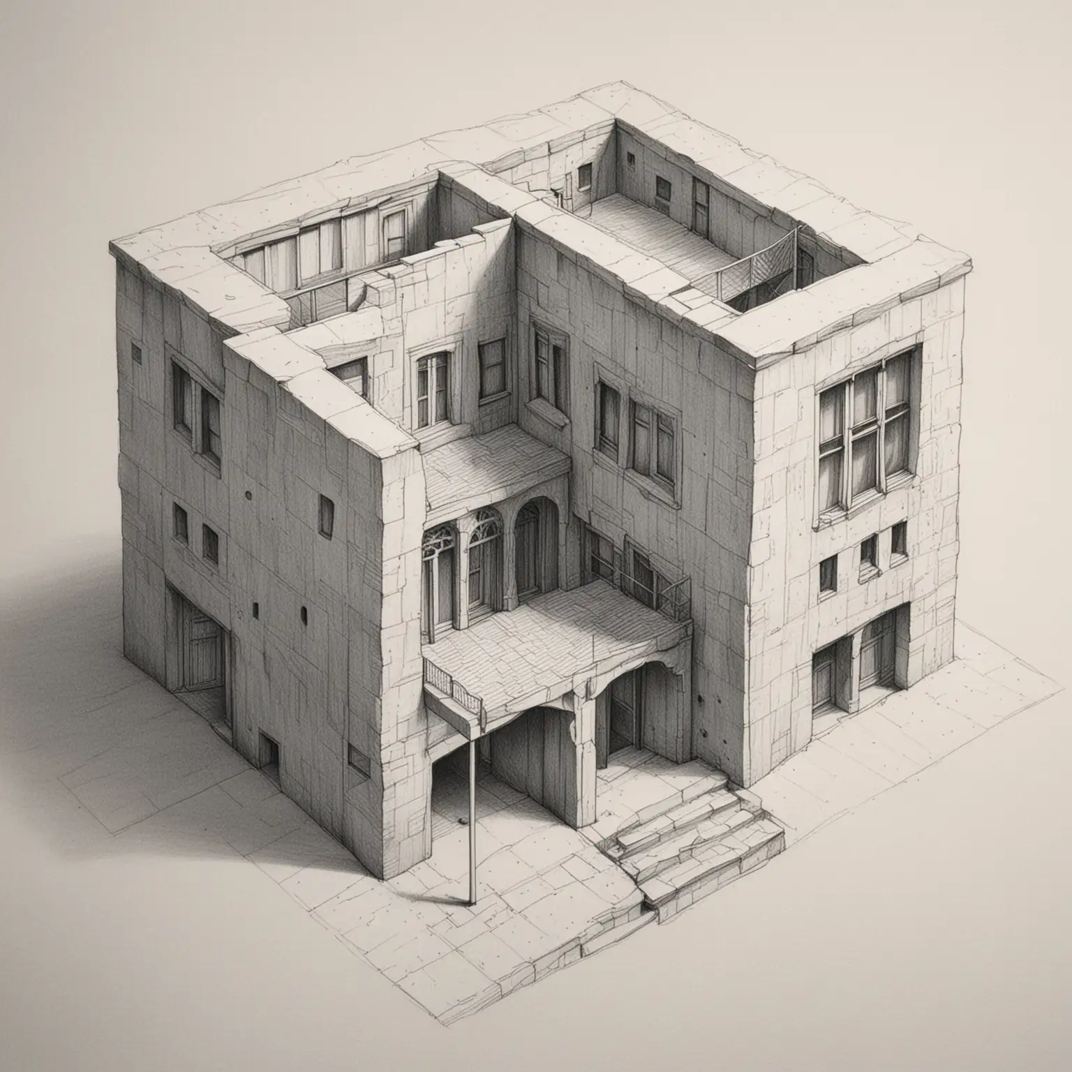 Isometric Upside Down View of Square Building with Exterior Stairs and Unique Facade Features