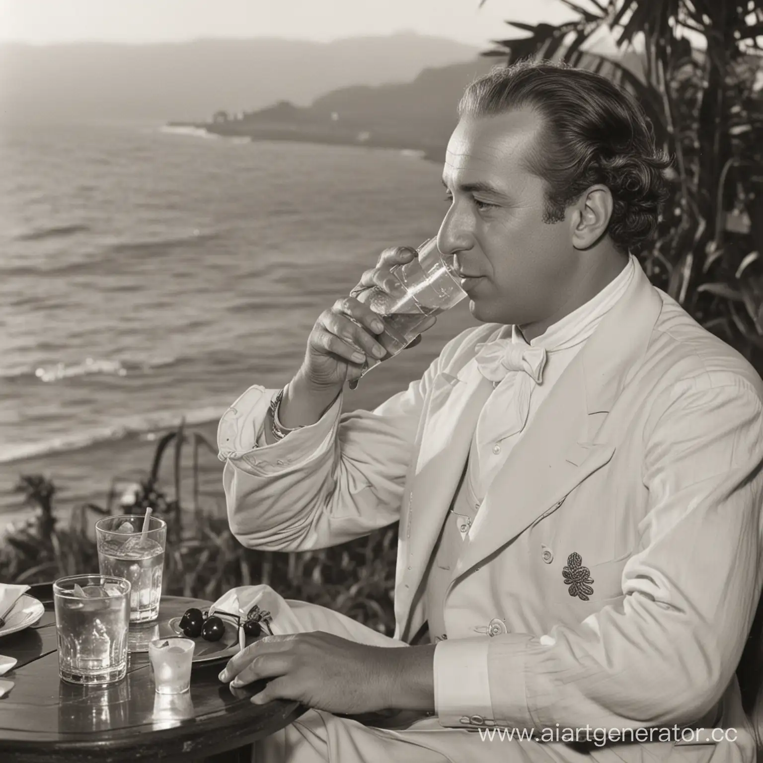 goethe drinking caipirinha discussing at radio in rio de janeiro, sunset, 1938
