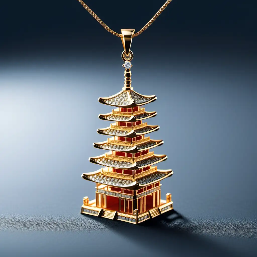 Japanese Pagoda Tower Gold and Diamond Jewelry Pendant