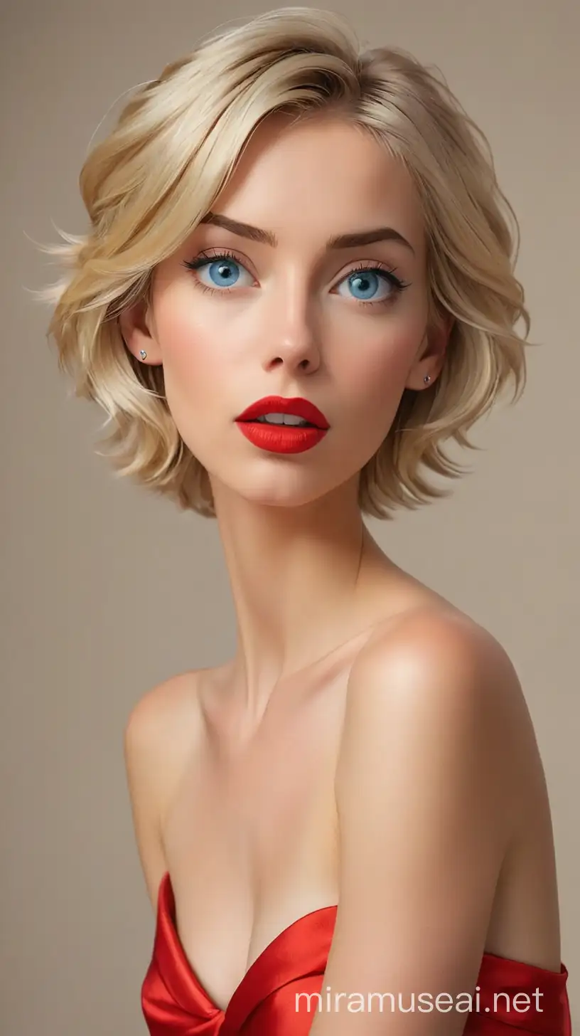 Blond hair woman, short length hair, topless, blue eyes, red lipstick,
tall, slim, skinny, long red satin skirt without any split opening