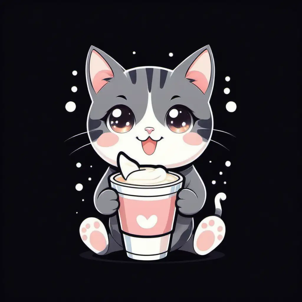 .An adorable kawaii cat with large round eyes, holding a tiny 
cup of milk and giving a heartwarming smile, cute art style, 
joyful mood, T-shirt design graphic, vector, contour, flat black 
background