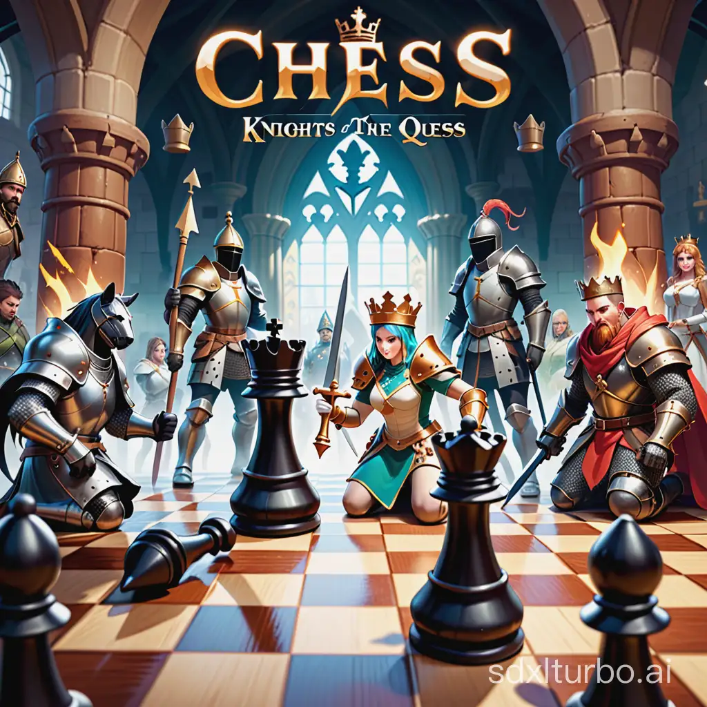 A  title screen for a chess-themed fantasy rpg game.  Knights, bishops, and rooks are defending the queen while fighting RPG-themed enemies including slimes and wild animals.