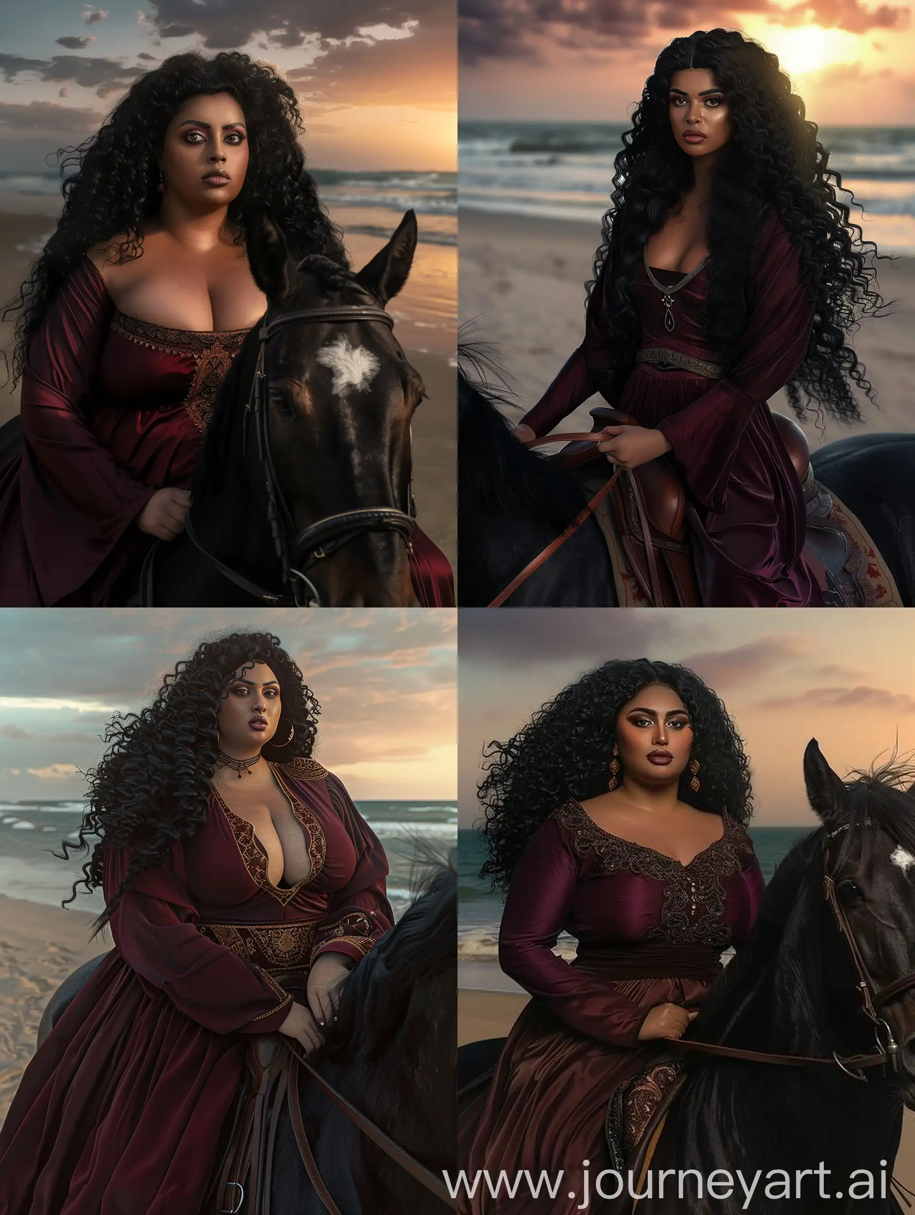 A black-skinned woman, weighing 80 kilograms, with features from the Arabian Gulf region, with large breasts, a large ass, wide brown eyes, full lips, a small nose, and long black curly hair. She wears traditional burgundy-coloured Kuwaiti clothing, riding a purebred black Arabian horse at sunset on the beach.