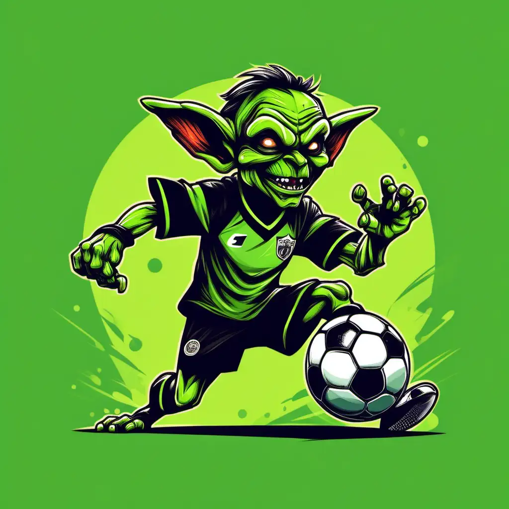 goblin wearing green and black uniform kicking a soccer ball, low detail, t-shirt design