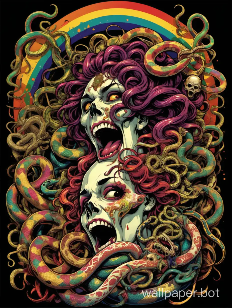 skull young medusa odalisque, skull face,  front head ,laugh crazy face, open mouth with tongue, chaos ornamental, crazy snakes, darkness, assimetrical, chinese poster, torn poster edge, alphonse mucha hiperdetailed, highcontrast, rainbow colors, explosive dripping colors, sticker art