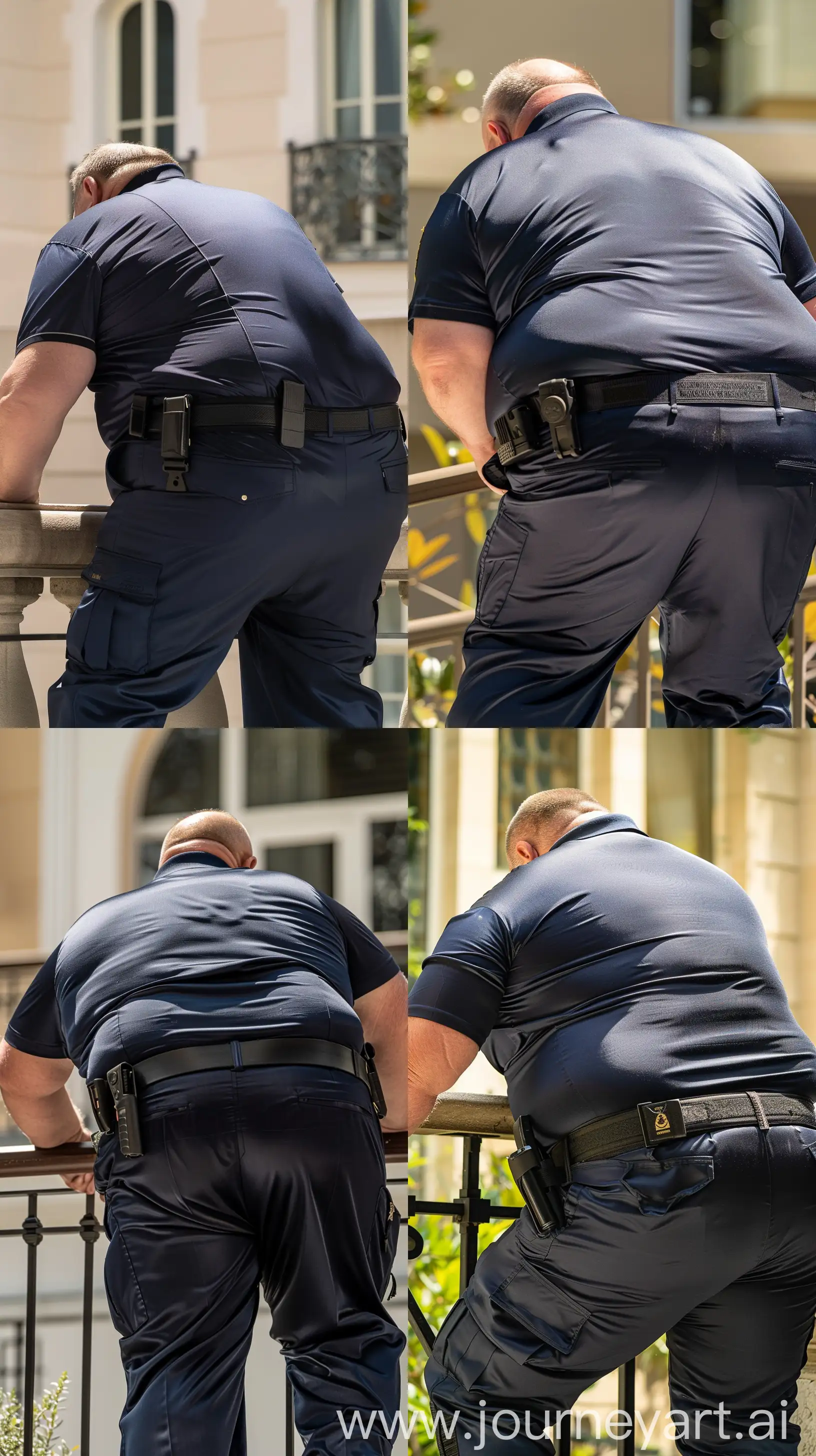 Back view photo of a fat man aged 70 wearing silk navy security guard battle pants and a tucked in navy  silk sport polo shirt. Heavy black tactical duty belt. Bending forward over a balustrade. Outside. Natural light. --style raw --ar 9:16