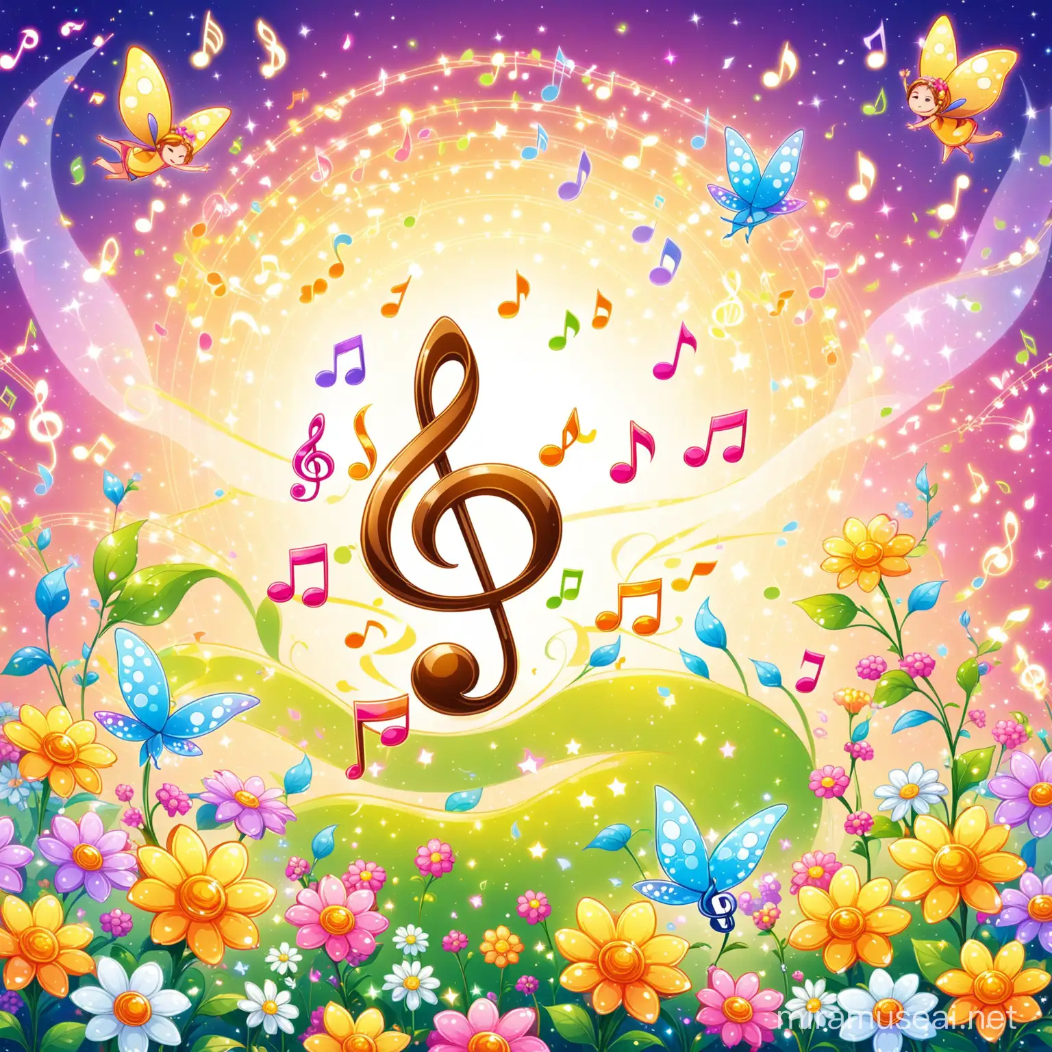 Cartoon music stave with fancy clef and notes on it. On the top - small fanny cartoon flowers with eyes and smiles and small flying fairies. Background is white 