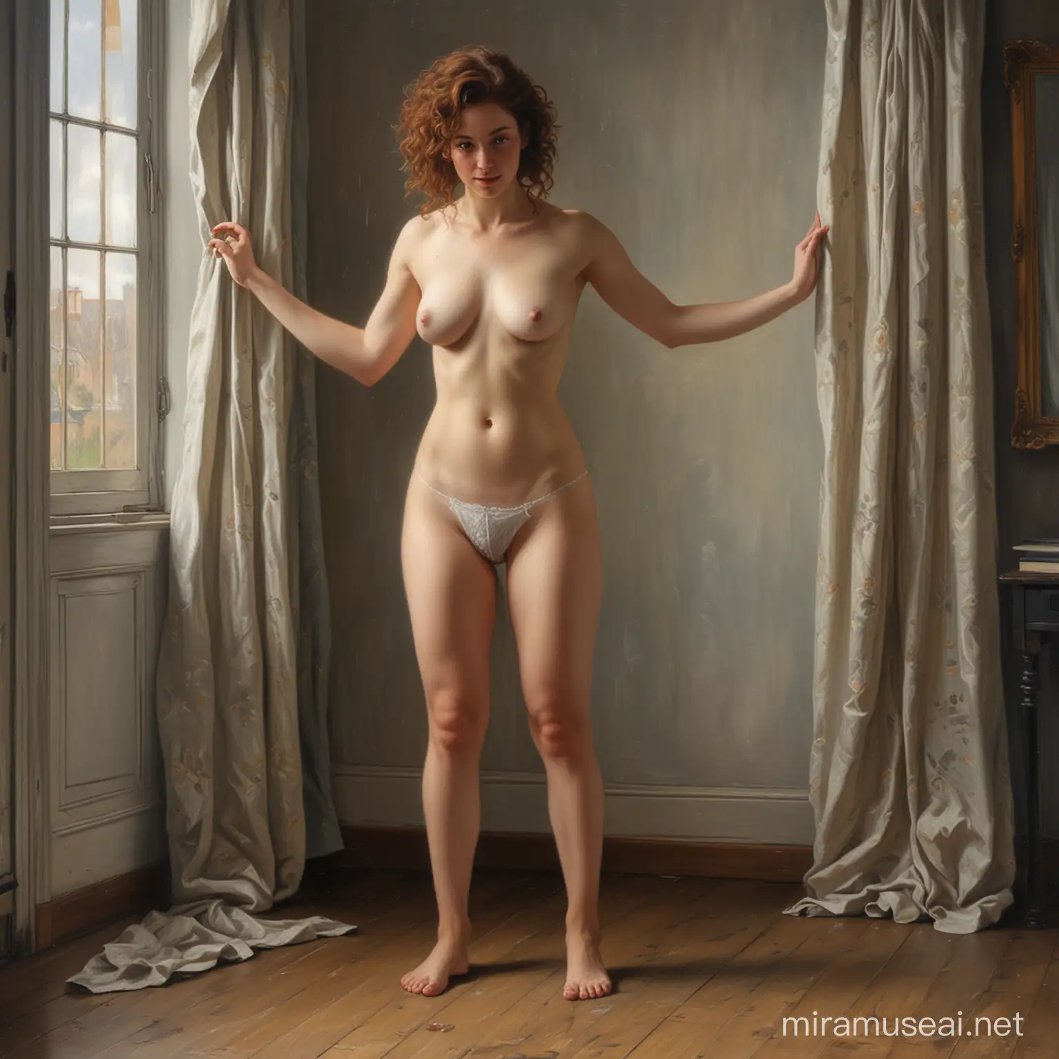 Highly detailed 19th century oil painting, a full-length portrait of an erotic woman, sHe has short curly dark auburn hair and full beard and a soft downy body, sHe wears only dark grey trousers to his knees, she has bare shoulders and feet, her face is calm, she stands on a wooden floor in a room lit by a a window at one side, The light is soft, muted colours, fine brushstrokes, she holds her hands up