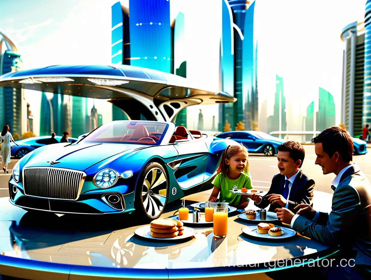 центр города будущего стоит Bentley, семья завтракает.