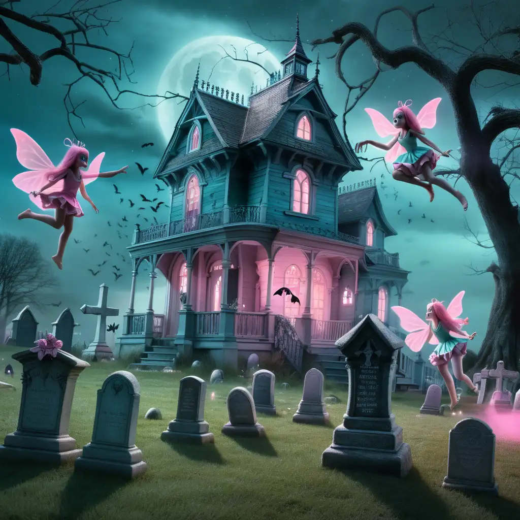 Enchanting Fairies Hovering over a Spooky Graveyard and Creepy House