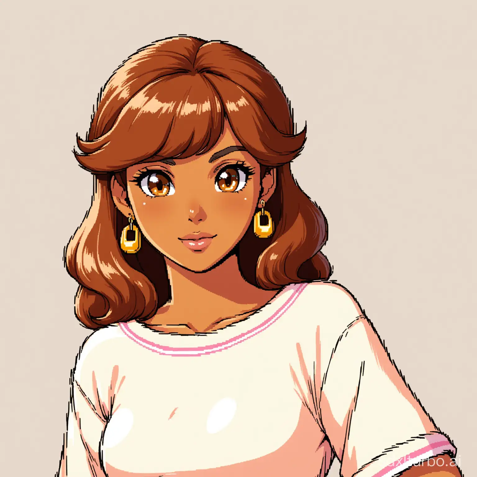 1980s Arcade Game Character. She's a Latina with caramel skin, chestnut hair, and warm brown eyes. White Background.