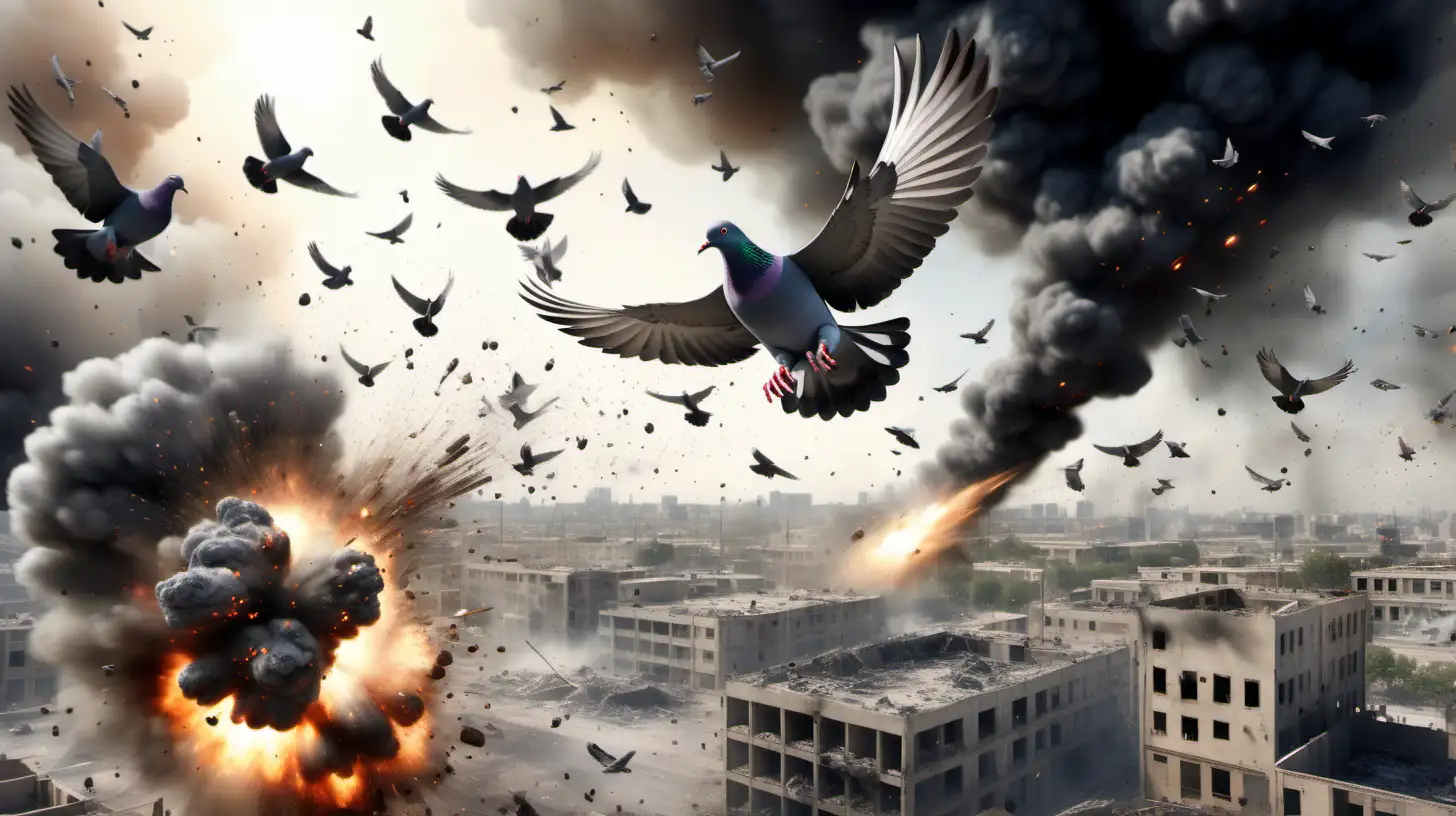 a very realistic image of a pigeon flying over a war zone with explosions and gun fire flying through the air 