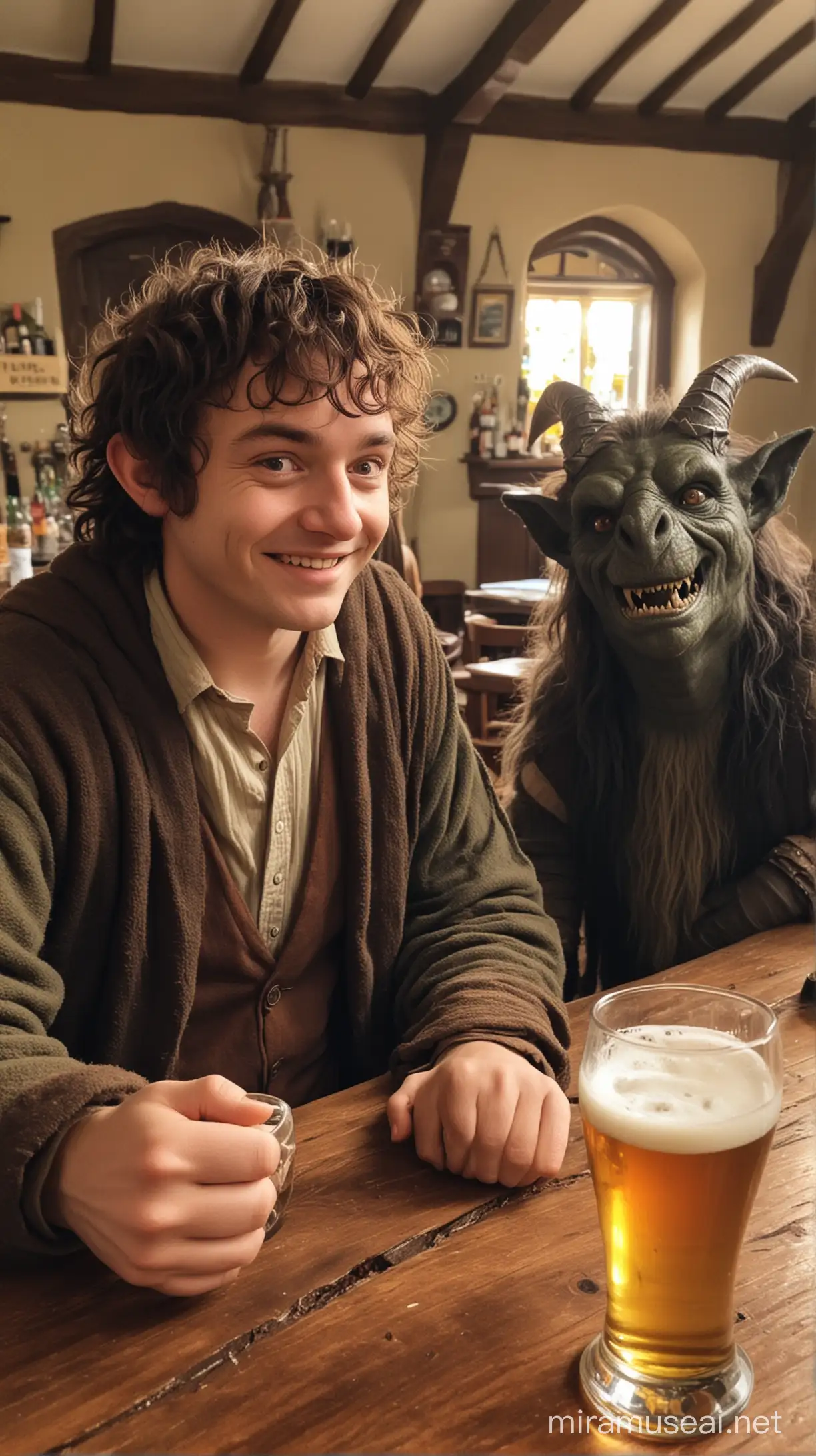 Frodo having a great time with Sauron, as best friends and drinking beer at the pub in The Shire. 