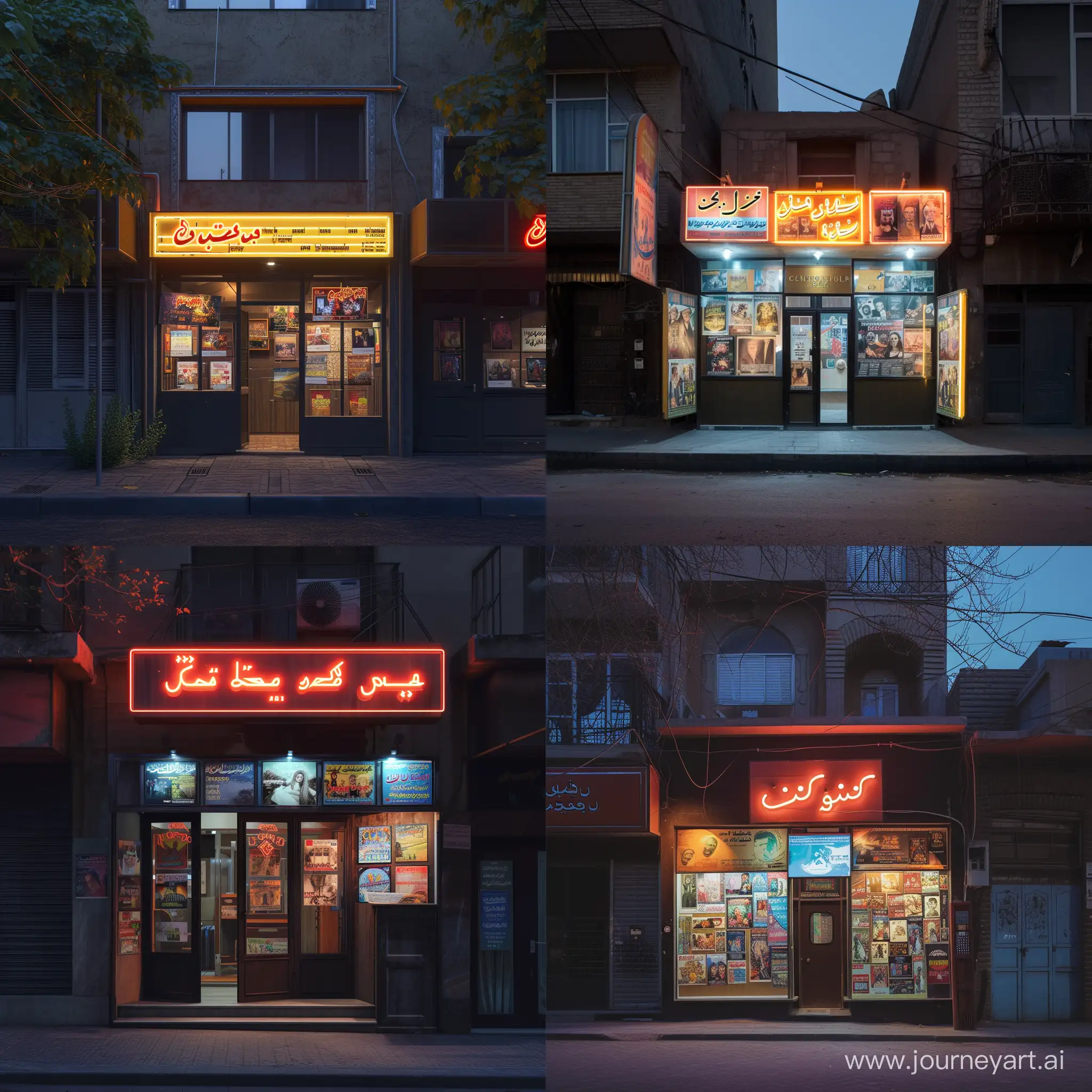 Design a small and local cinematheque in the context of one of Tehran's neighborhoods. Cinematheque is completely integrated in the urban and local context. Have a small and distinctive header and a showcase for displaying posters. The front of the cinema at night should be distinguished by neon signs. The output is similar to realistic photos.