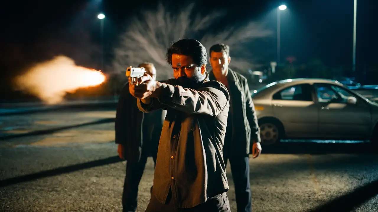 a indian man firing in front of two men, shot from behind, wide angle shot, a car park in background, night view