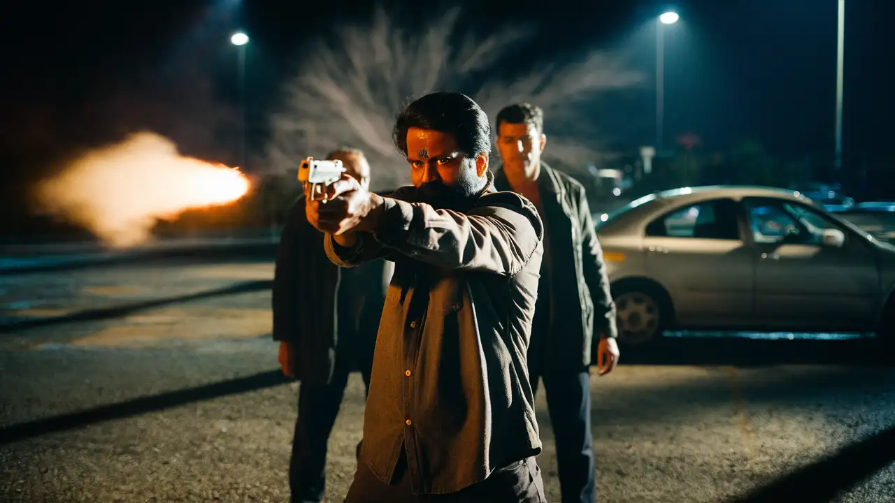 Indian Man Firing Gun at Night with Two Men in Wide Angle Shot