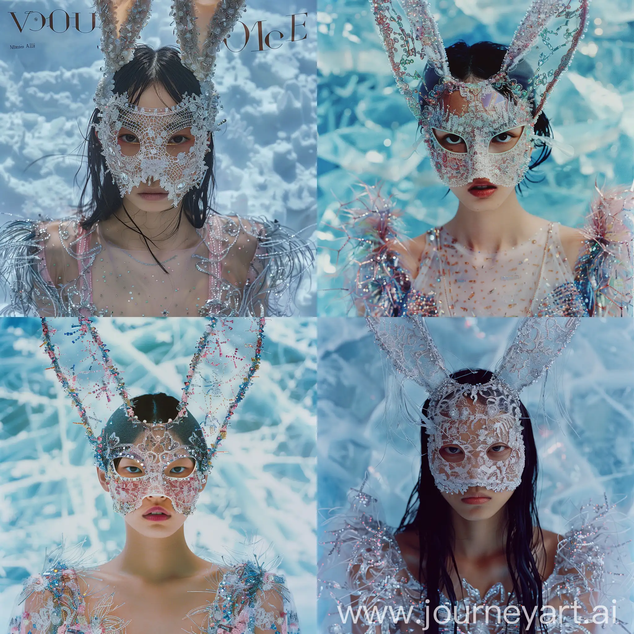 Vogue-Cover-90s-Japanese-Model-in-Lace-Mask-with-CrystalAdorned-Top-on-Ice-Background