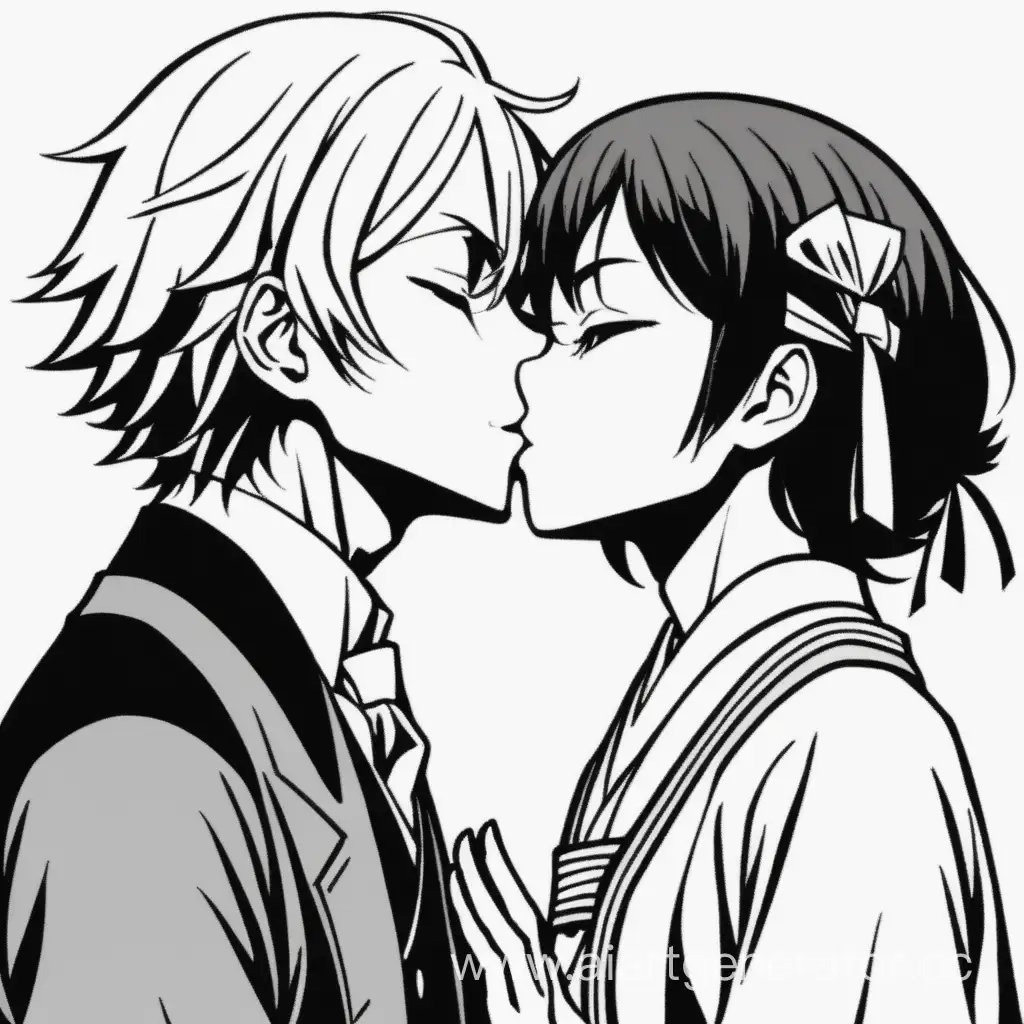 The kiss of Sakunosuke Oda and Yosano Akiko from the manga "Bungou Stray Dogs", drawn in the manga style.