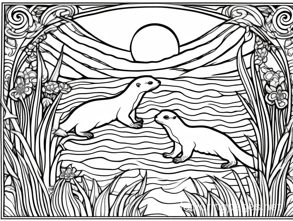 Otters, Art Nouveau. , intricate and dramatic Van Gogh, Arthur Rackham, Paul Klee, coloring page, black and white, line art, white background, simplicity, ample white space. The background of the coloring page is plain white to make it easy for young children to color within the lines. The outlines of all the subjects are easy to distinguish, making it simple for kids to color without too much difficulty. The background of the coloring page is plain white to make it easy for young children to color within the lines. The outlines of all the subjects are easy to distinguish, making it simple for kids to color without too much difficulty