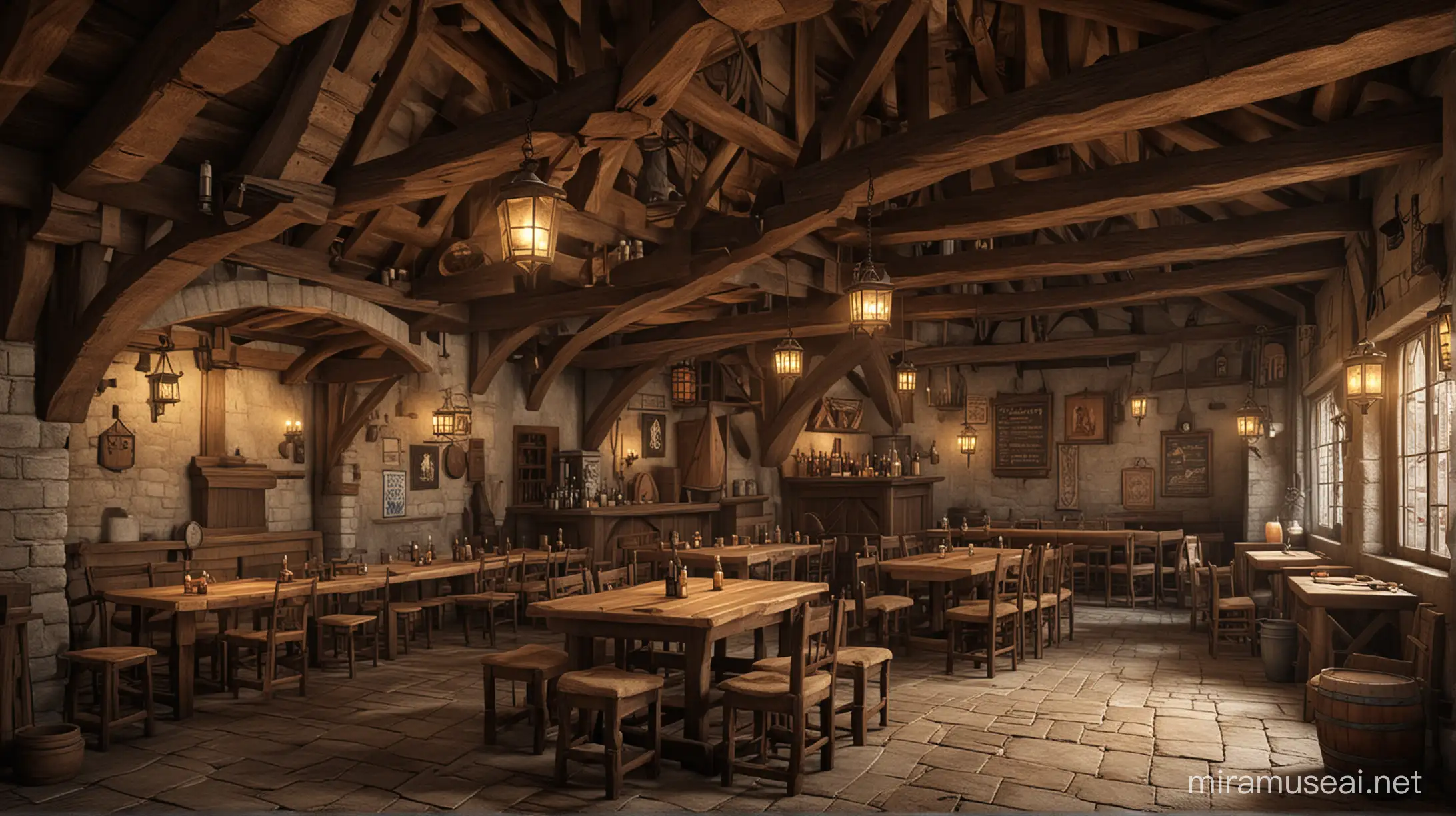 Medieval Tavern Interior with Patrons Drinking and Socializing