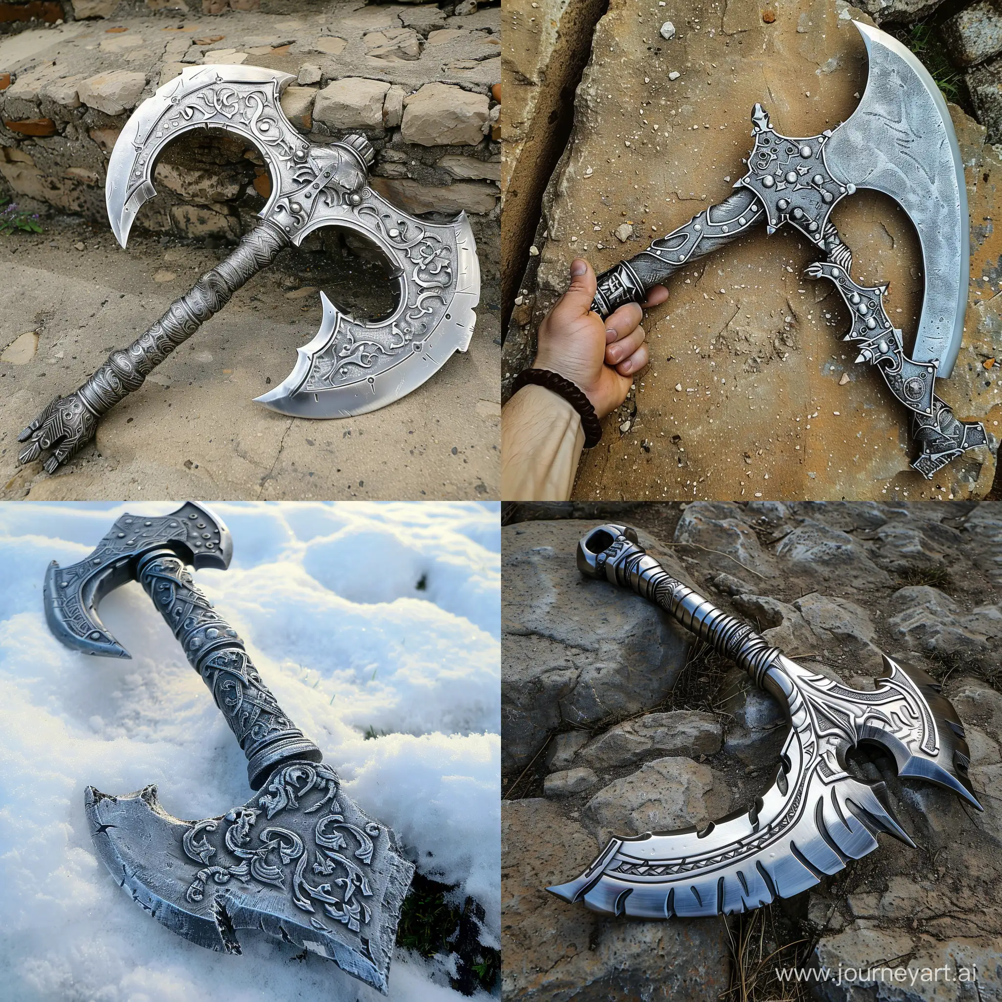 Dwarven battle axe made of silver --v 6 --ar 1:1 --no 34243