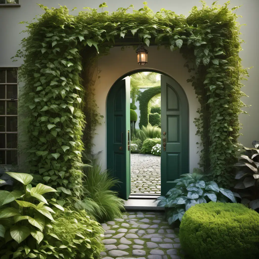 create a serene garden with lots of greenery and vines with an open door that portrays an entrance to a room with a cobblestone walkway