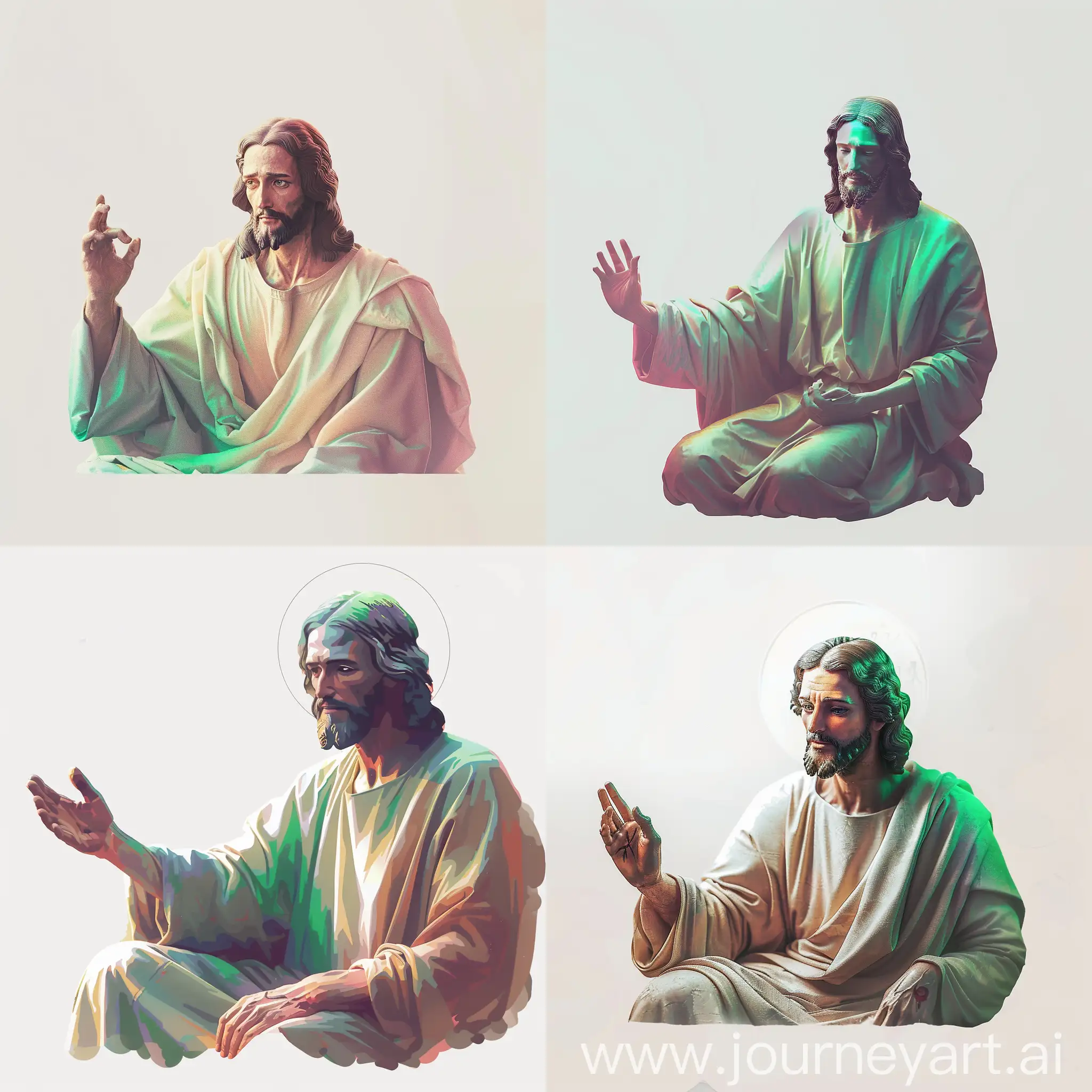 https://www.divino.ai/_next/static/media/f5QKz6MN3228572Wie8Transformed2Png.4d22ead1.png The overall color palette should consist of soft hues with white (#FFFFFF) background and no corners.

The figure of Jesus Christ, stylized yet identifiable, is placed on the center of the image. He is seated comfortably, dressed in a simple robe filled with calming, earthy tones.  Nobody else can be seen.

Instead of a distant gaze, let's bring the viewer closer. Jesus' face should be larger, implying a closer proximity to the viewer. His eyes, kind and wise, meet the viewer's, establishing a direct connection and inviting a personal dialogue.

His face is gently bathed in soft, warm light that subtly forms a halo around his head, creating an aura of divine serenity. His facial expression is peaceful and understanding, reflecting an empathetic listener and a caring therapist.

To reinforce this closer look, let's add a detail - perhaps a hand raised in a calming gesture, indicating his intent to guide and soothe.

In essence, this image becomes an intimate, stylized portrayal of Jesus Christ as a therapist, emphasizing his empathetic nature and offering a sense of personal connection to the viewer. 