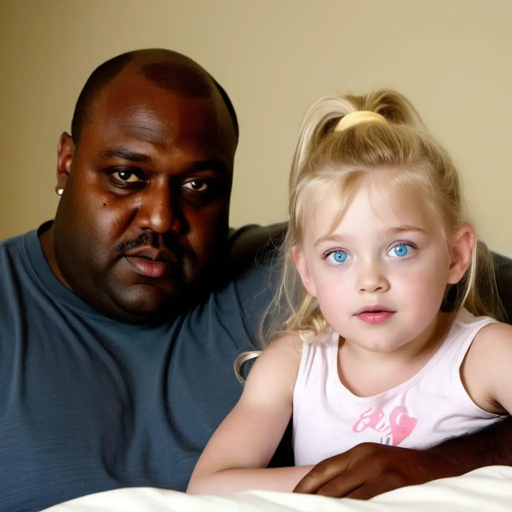 Niña rubio con ojos azules de 4 años arriba de un hombre negro gordo y con sobrepeso los dos están en una cama la niña está mirando a la camara