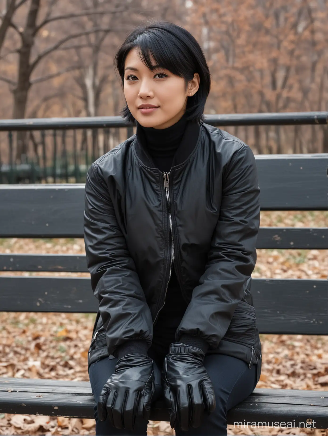 Asian- american woman, medium short black hair, black bomber jacket, black turtleneck, black gloves, jeans,sit on a bench,in a new York park,in the winter