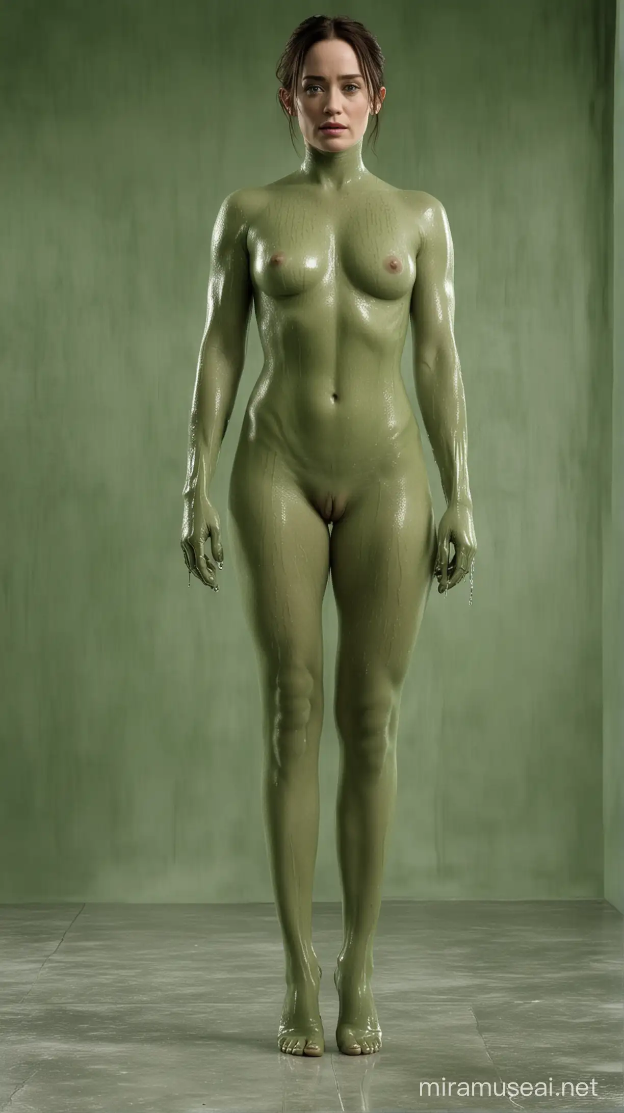 real photo, Emily Blunt , full frontal nudity, full figure in front full length view, The Matrix setting, greenish hue