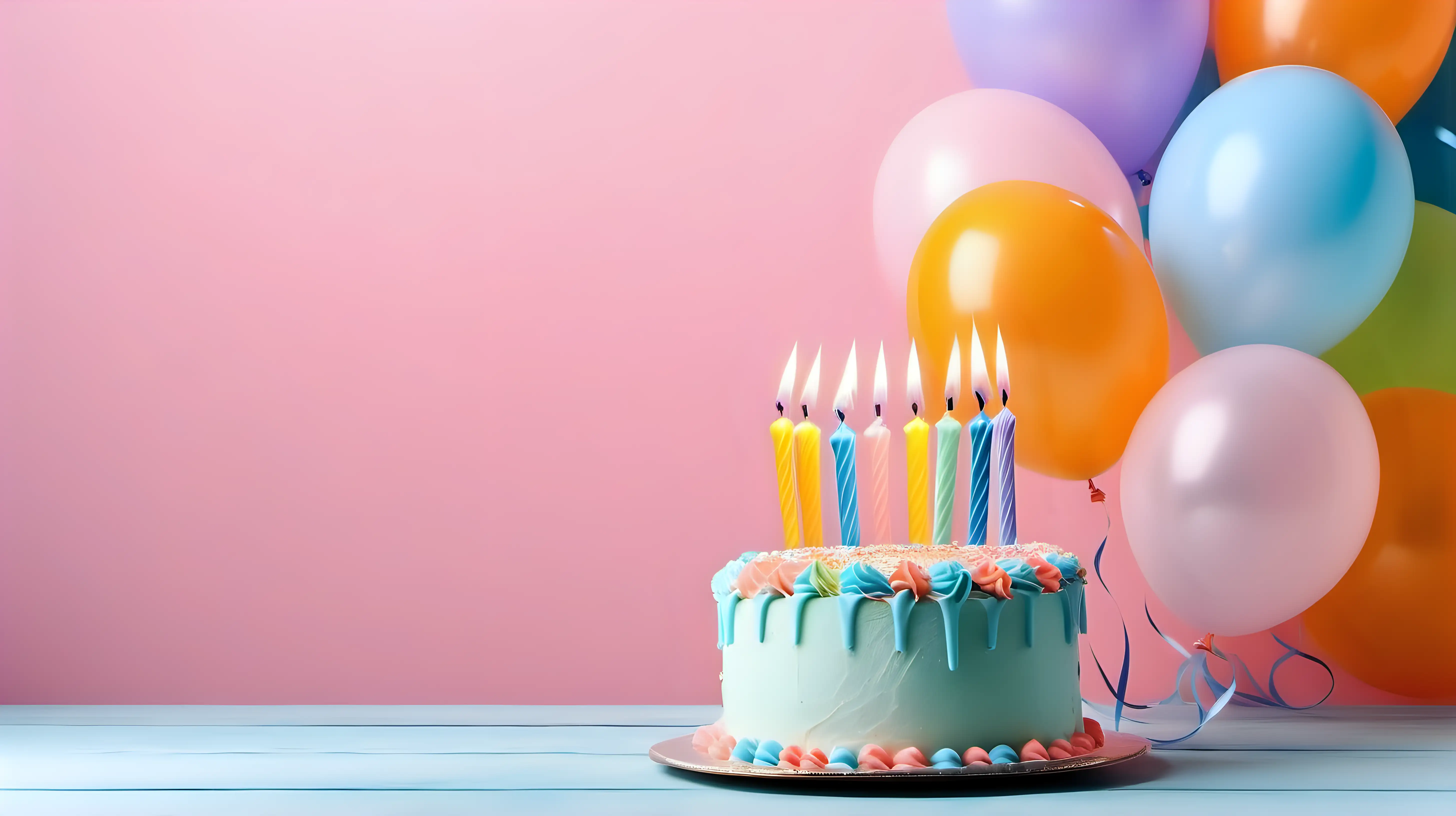birthday cake with 1 candles, colorful pastel balloons background, copy space