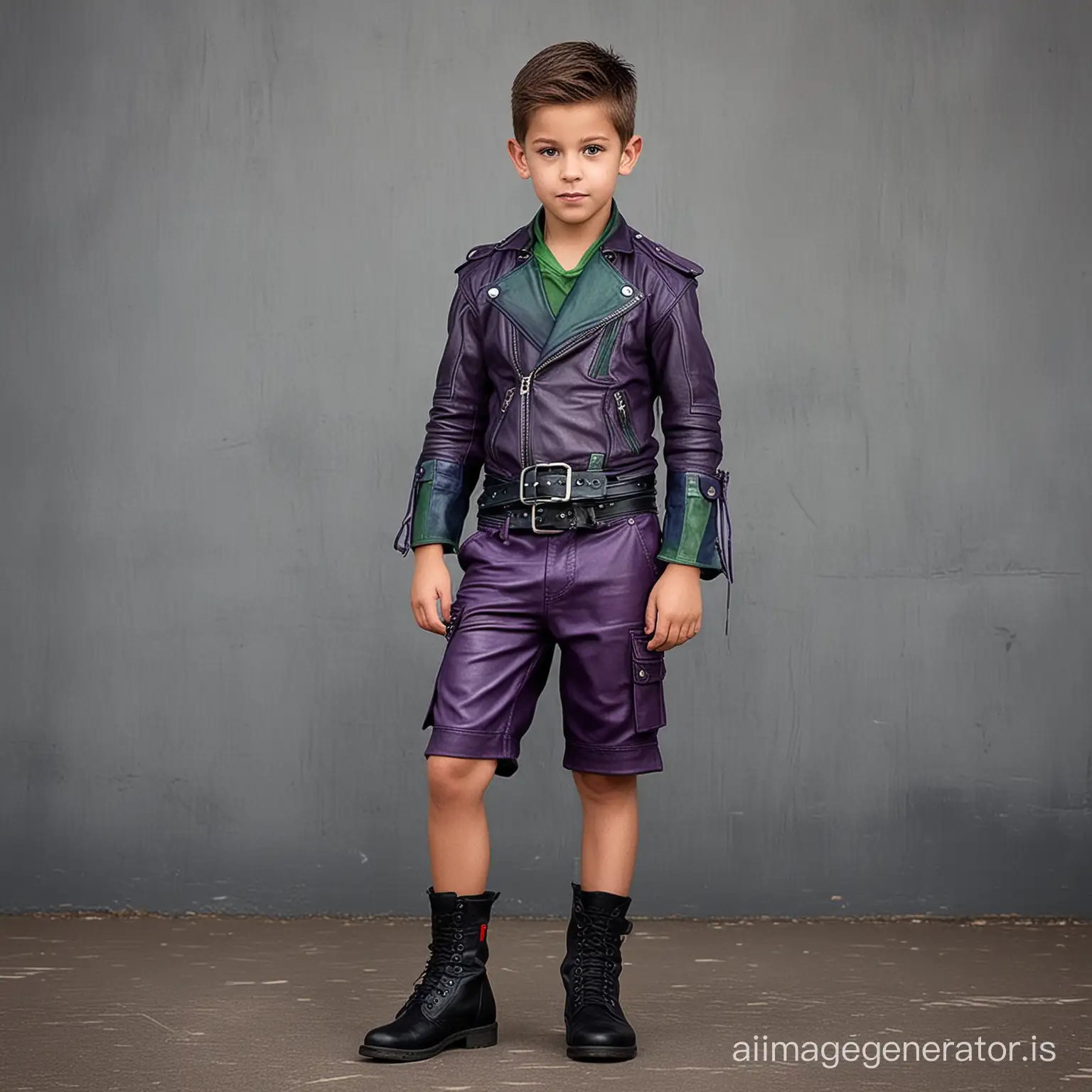 Create a villain outfit for a strong 8 year old boy villain with abs, cool, wicked, leather, shorts, comfortable yet intimidating, various shades of purple and green with hints of red and blue