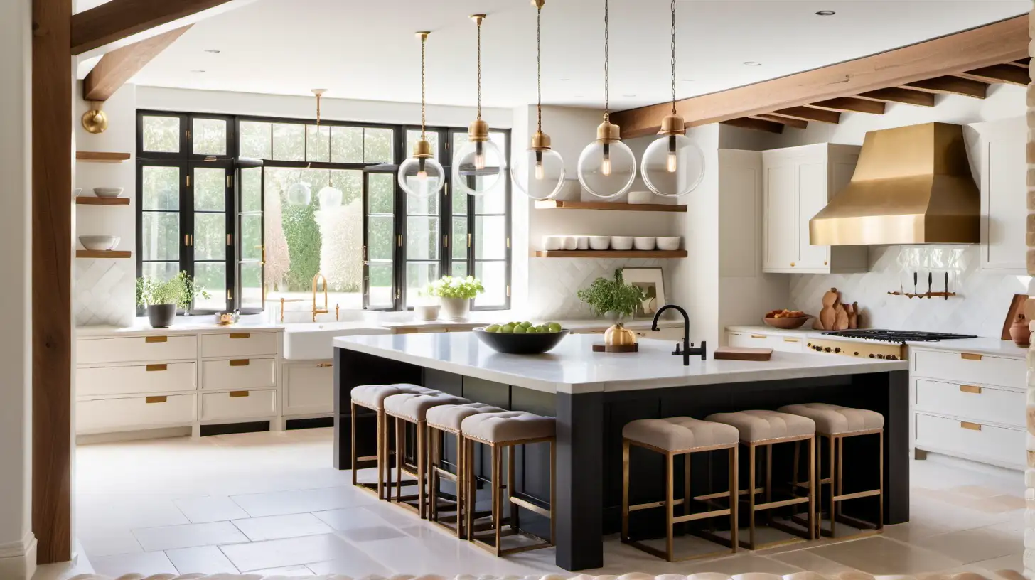 an organic modern French farmhouse estate home kitchen; limestone, black, walnut wood, brass;


