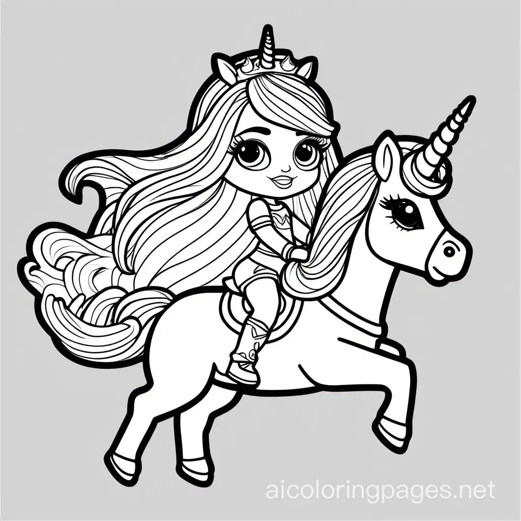 L.O.L. doll riding a unicorn coloring page, Coloring Page, black and white, line art, white background, Simplicity, Ample White Space. The background of the coloring page is plain white to make it easy for young children to color within the lines. The outlines of all the subjects are easy to distinguish, making it simple for kids to color without too much difficulty