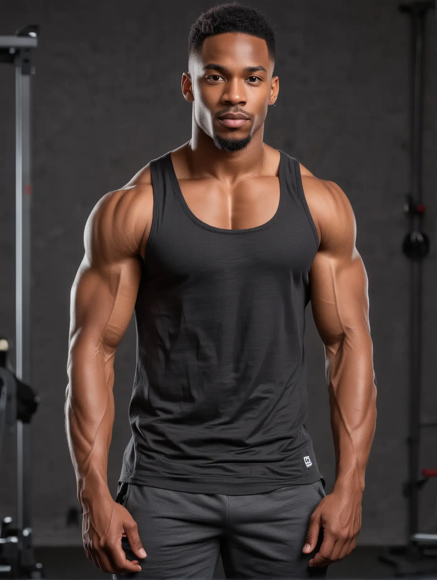 Handsome boy, African American， in the gym, fitness look, wearing a tank top, sexy figure, perfect muscles, facing the camera, professional photography, full body shot