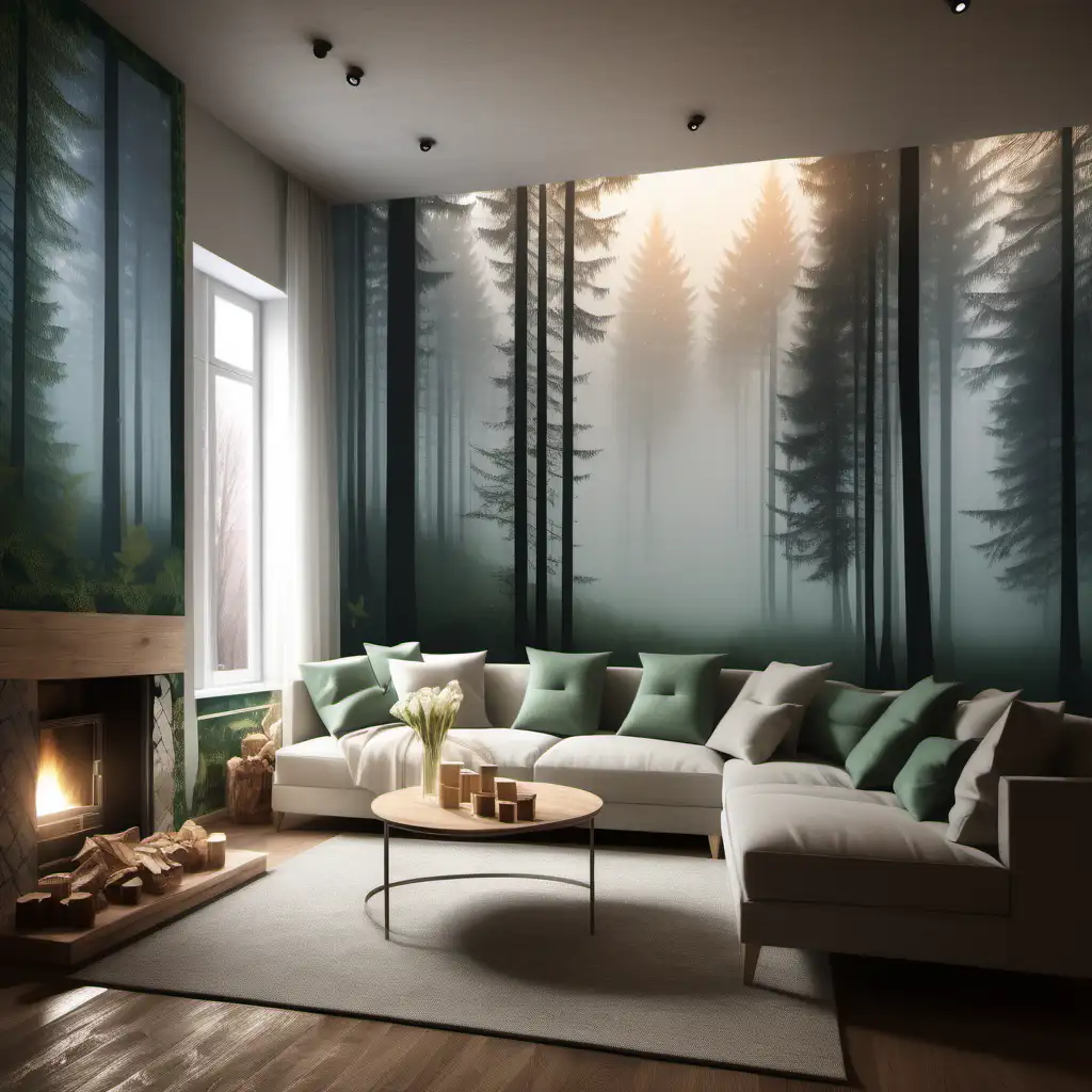design návrh, útulný obyvací pokoj, v bavorském stylu s tapetou, tapeta zobrazuje les v mlze , pokoj je prosvětlený, pohled je přiblížený více na tapetu, v interiéru je denní světlo, pokoje je veslý