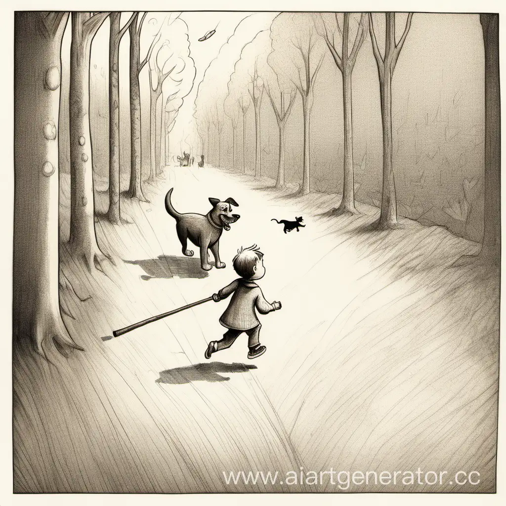 Playful-Child-Chasing-Dog-with-Stick-Illustration-for-Childrens-Book